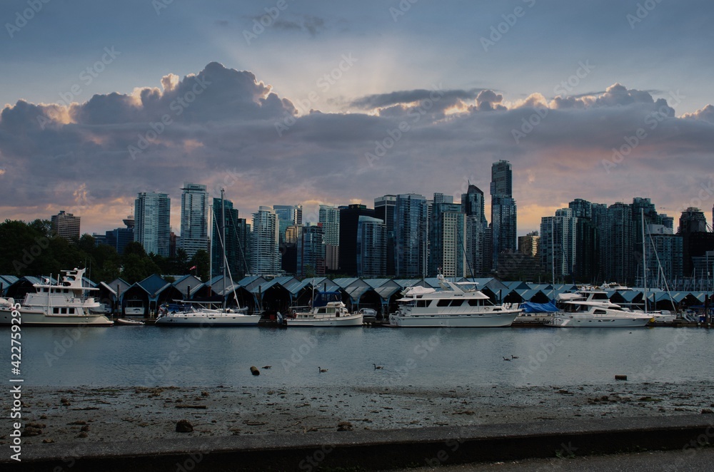Obraz premium A Panoramic view of Vancouver downtown from Stanley park in Vancouver, Canada