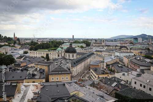 View of the older part of the city of Salzburg, one of the largest cities in Austria during a morning walk from the Kapuzinerberg. A quiet part of town. Salzburg tourist center