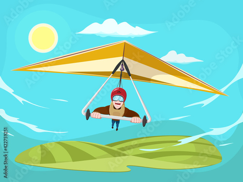 Cartoon man flying on hang glider poster. Smiling man flying on hang-glider. Sportsman taking part in hang gliding competitions.