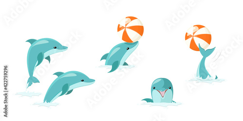 Cartoon Characters Funny Dolphin Set. Cute blue dolphins set, dolphin jumping and performings tricks with ball for entertainment show