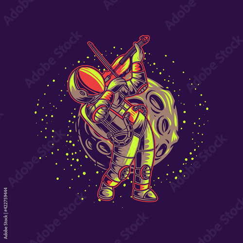 t shirt design astronaut playing the violin against the moon background illustration