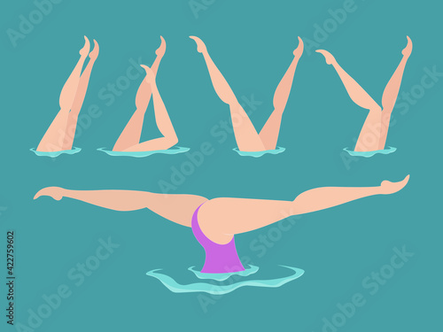 Synchronized swimming flat vector illustration. Woman athlete on the performance of synchronized swimming