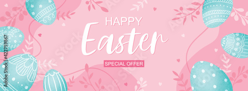 Easter poster and banner template with Easter eggs on pink background.