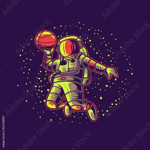 t shirt design astronaut with galaxy background basketball illustration