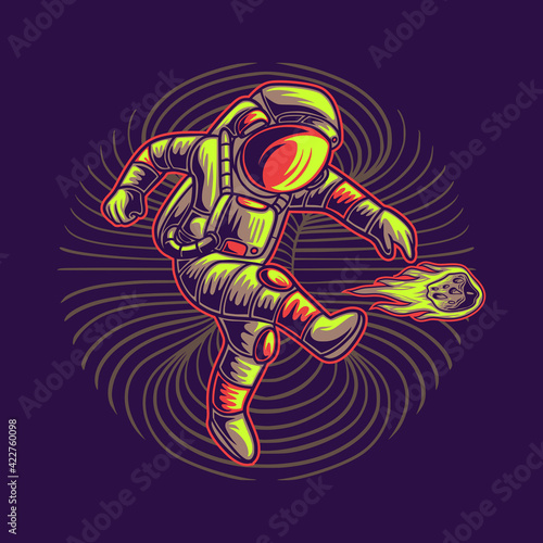 t shirt design astronaut kicking meteor football illustration
