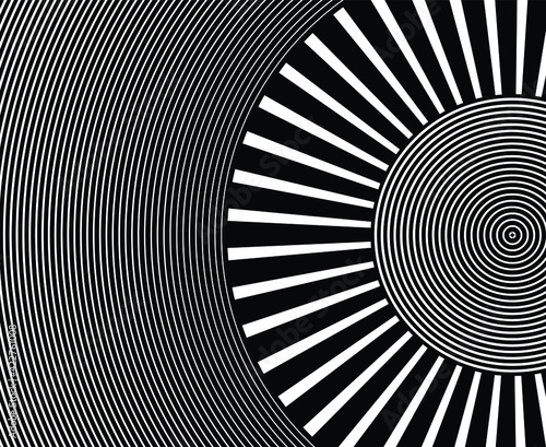 Black halftone dots in vortex form. Geometric art. Trendy design element.Circular and radial lines volute, helix.Segmented circle with rotation.Radiating arc lines.Cochlear