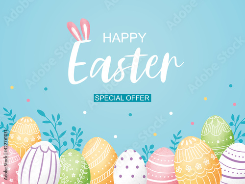 Easter poster and banner template with Easter eggs on blue background.