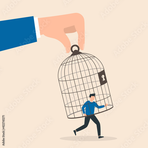 Trap concept. Giant hand capturing a running businessman with birdcage. Vector illustration.