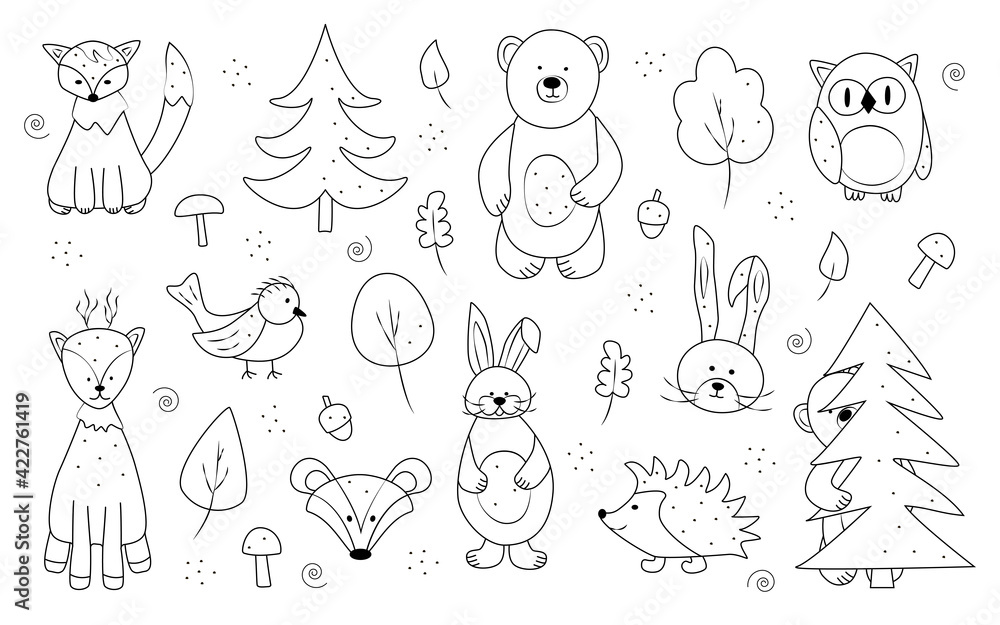 Vector set of drawings of forest animals, doodle style, a set of elements for coloring. Bear fox owl hare hedgehog badger trees.