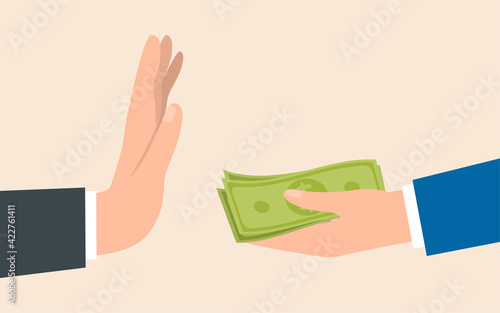 Stop corruption, businessman holding stack of money in hand offering bribe, hand gesture rejecting the proposal.