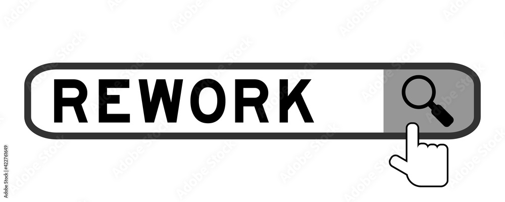 Search banner in word rework with hand over magnifier icon on white background Search banner in word rework with hand over magnifier icon on white background
