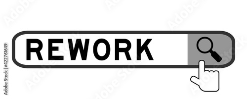 Search banner in word rework with hand over magnifier icon on white background