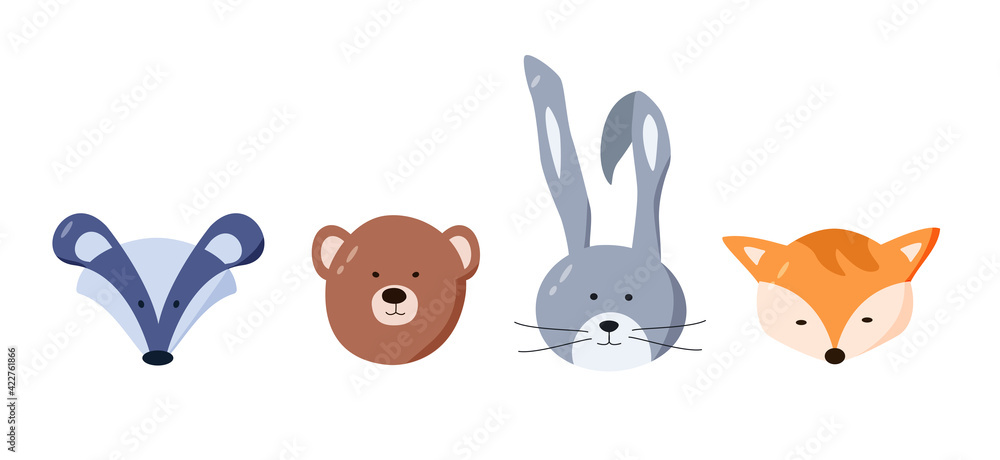 Obraz premium A set of color drawings of forest animals, the head of a bear, a hare, a fox and a badger.