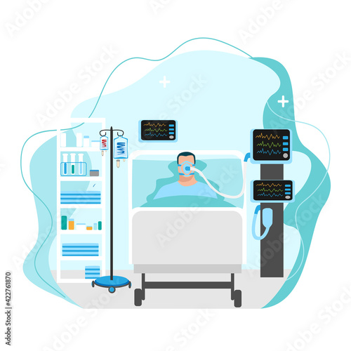 Vector image of a sick person lies in intensive care and is connected to the artificial respiration system. Medical technology and patient care illustration on abstract background