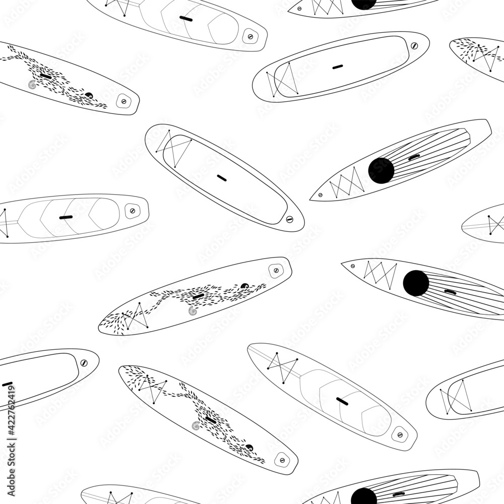 Multiple shapes sup boards seamless pattern on transparent background in outline technique. Paddle board Multiple shapes sup boards seamless pattern on transparent background in outline technique. Paddle board