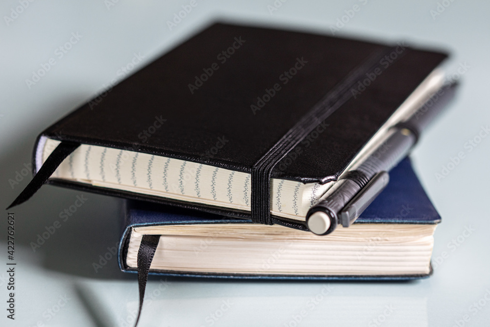 Two books and a pen on blue background, calendar or agenda organizer Two books and a pen on blue background, calendar or agenda organizer