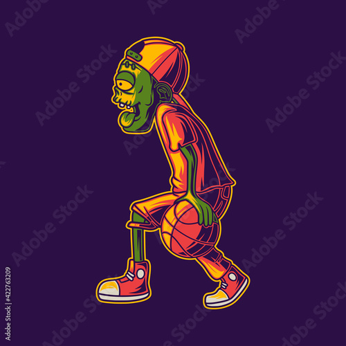 t shirt design side view of zombies playing basketball in dribbling position illustration