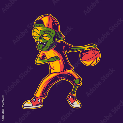 t shirt design zombie playing basketball by outwitting opponents illustration