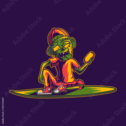 Photography t shirt design a zombie sitting on a surfboard holding a cellphone surfing illus