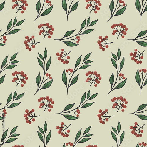 Autumn and winter herbs  berries and plants seamless pattern. Seamless background  hand-drawn. For fabrics  wrappers  packaging  etc.