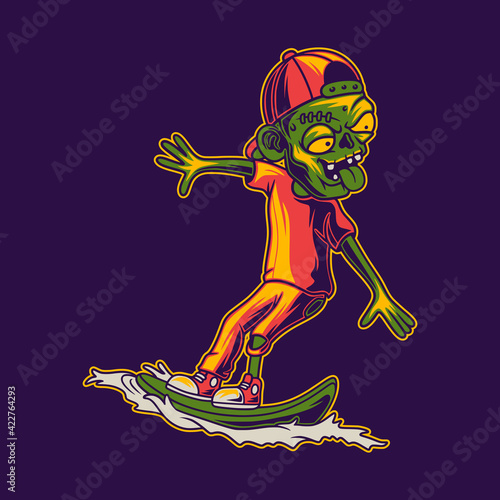 Photography t shirt design zombies surfing in a standing position against the waves illustra