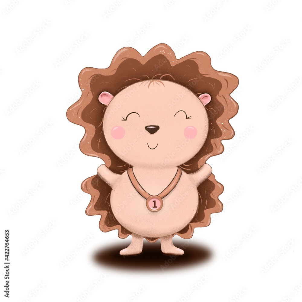 Happy hedgehog with a medal on a white background. Happy hedgehog with a medal on a white background.