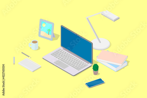 A simple isometric illustration of a remote work or training workplace at home