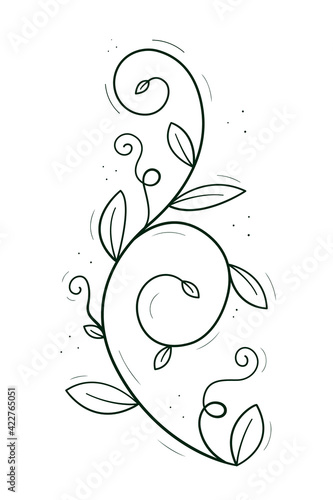 A climbing plant like a pea or creeper with tendrils and leaves. Doodle sketch outline black and white. Isolated vector drawing on a white.