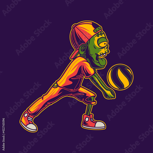 t shirt design side view of zombies with a lower passing position volleyball illustration