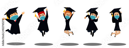 Students are happy to graduate in 2021, but don't forget to protect themselves by wearing a mask.  And not forgetting the spacing  With a white background