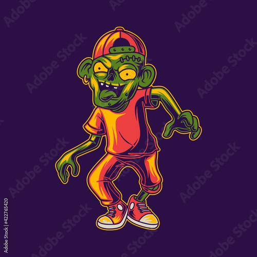 t shirt design happy zombie walking illustration