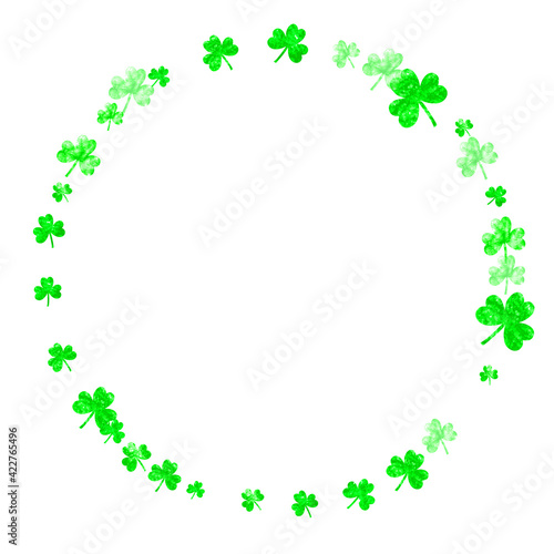 St patricks day background with shamrock. Lucky trefoil confetti. Glitter frame of clover leaves. Template for special business offer, banner, flyer. Festive st patricks day backdrop.