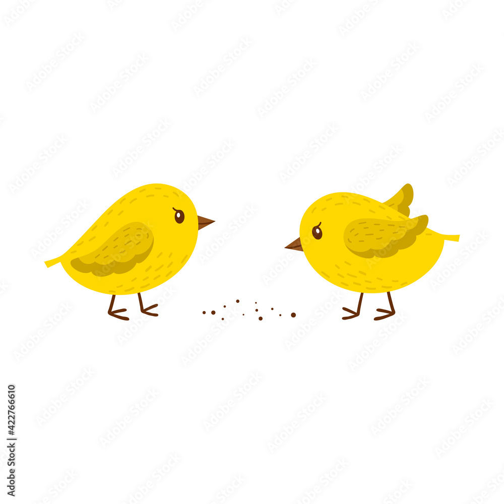 Two chickens peck at the grain. Simple yellow little birds. A symbol of spring, Easter, and farming. Children's, cartoon characters. Vector illustration in a flat style. Isolated on white.