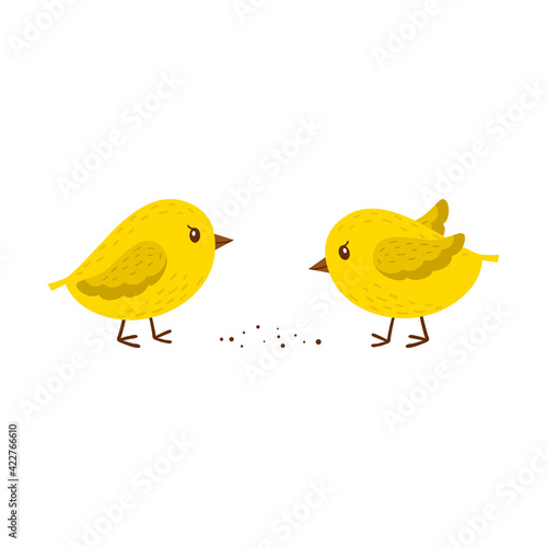 Two chickens peck at the grain. Simple yellow little birds. A symbol of spring, Easter, and farming. Children's, cartoon characters. Vector illustration in a flat style. Isolated on white.