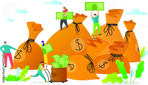Web page template with managers making money. Concept with people collecting money to the bags.  Vector illustration for business teamwork themes,  mobile app, banner, ui and ux design