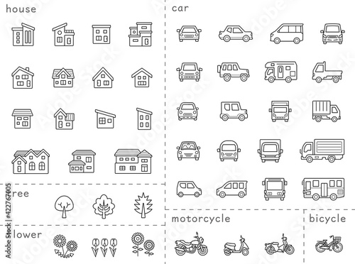 家と車と二輪車と植物のアイコンセット(ぬりえ用未拡張の線のみ)分類バージョン