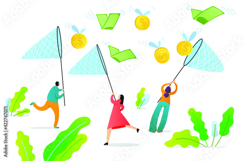 Web page template with managers making money. Concept with People with nets catch flying bills and coins. Vector illustration for business teamwork themes,  mobile app, banner, ui and ux design.