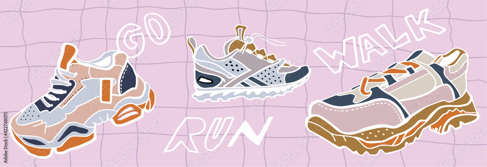 Hand drawn vector trendy illustration of sneakers in pastel colors on a pink background. Fashion stylish platform shoes. Cartoon style Hand drawn vector trendy illustration of sneakers in pastel colors on a pink background. Fashion stylish platform shoes. Cartoon style