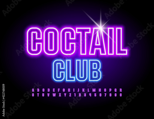 Vector bright logo Cocktail Bar. Light Tube Font. Neon Alphabet Letters and Numbers set