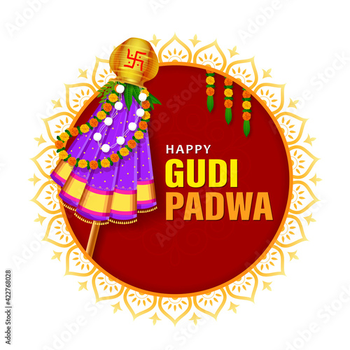 Greeting traditional Gudhi for Indian New Year festival Gudi Padwa   Happy Ugadi Greeting