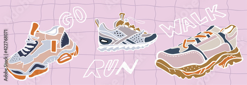 Hand drawn vector trendy illustration of sneakers in pastel colors on a pink background. Fashion stylish platform shoes. Cartoon style