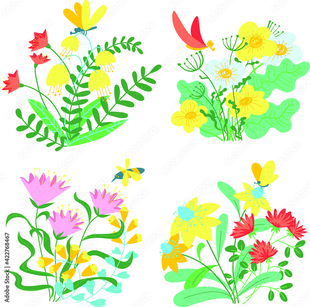 Set with flower and leaves. Bouquettes with floral elements  in cute doodle style. Vector illustration for spring and summer seasons with flying insects