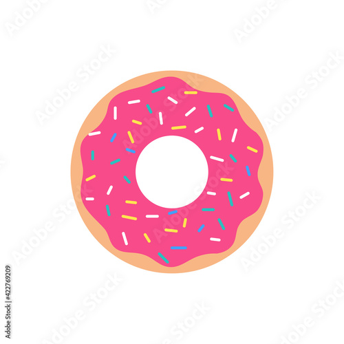 Vector Pink Donut Strawberry Flavor Bitten Sprinkle the crust on top. Isolated on white background