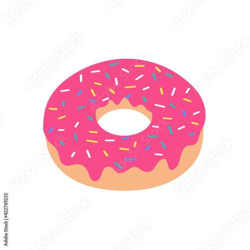 Vector Pink Donut Strawberry Flavor Bitten Sprinkle the crust on top. Isolated on white background