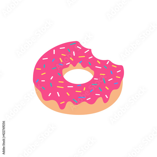 Vector Pink Donut Strawberry Flavor Bitten Sprinkle the crust on top. Isolated on white background