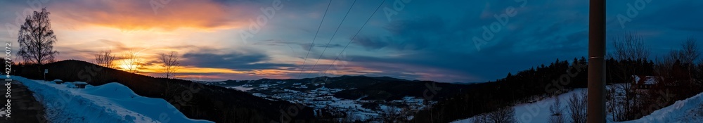 High resolution stitched panorama of a beautiful winter sunset near Langfurth, Bavarian forest, Bavaria, Germany