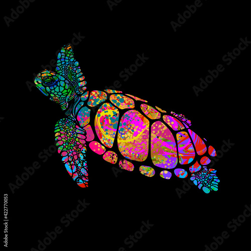 Sea turtle in multicolor psychedelic colors. Isolated on a black background. Trendy modern print. Color tattoo. Environmental Protection