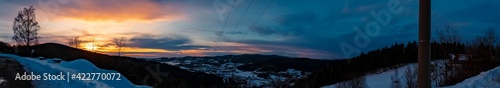 High resolution stitched panorama of a beautiful winter sunset near Langfurth, Bavarian forest, Bavaria, Germany