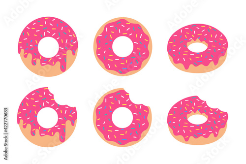 Vector Pink Donut Strawberry Flavor Bitten Sprinkle the crust on top. Isolated on white background