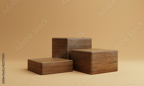 Three brown wooden rectangle cube product stage podium on orange background. Minimal fashion theme. Geometry exhibition stage mockup concept. 3D illustration rendering graphic design